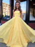 Yellow Spaghetti Straps Chiffon Lace Up Prom Dresses with Pleats LBQ0931
